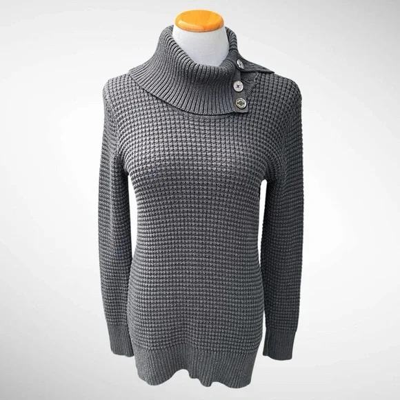 Calvin Klein Gray Turtleneck Long-Sleeve Sweater with Button Detail - Picture 3 of 12